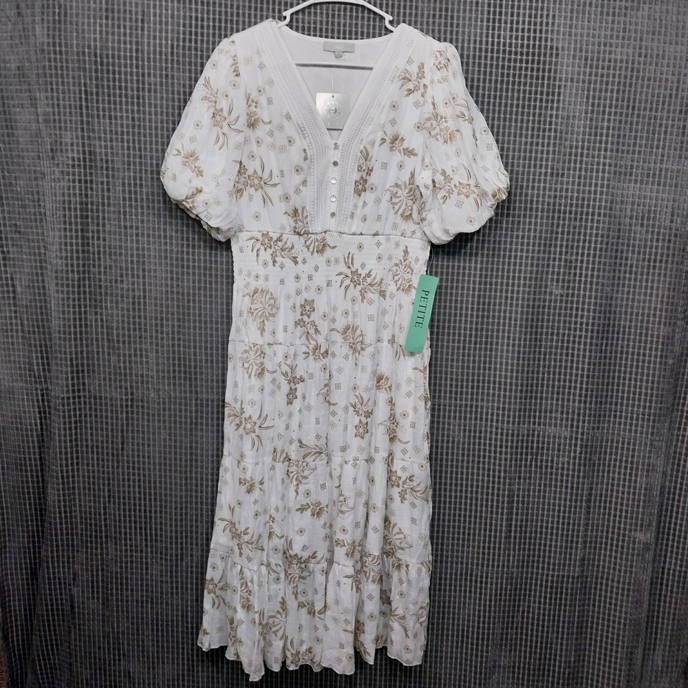 J GEE Womens Maxi Dress Floral Print Smocked Waist Tiered PXL White Beige